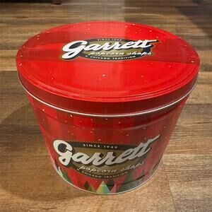 Garrett Popcorn Holiday Tin Red Striped Design Christmas Tree EMPTY READ 7"x9"